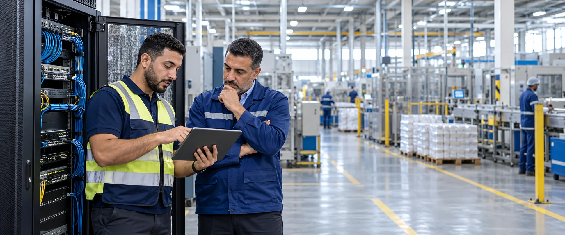 IT technician inspecting network equipment in a factory